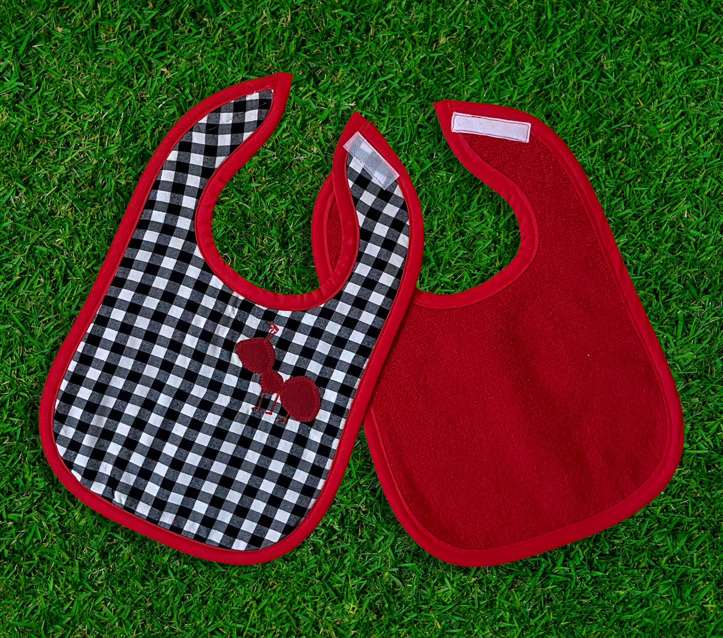 black and white gingham cotton terrycloth bib with embroidered ant