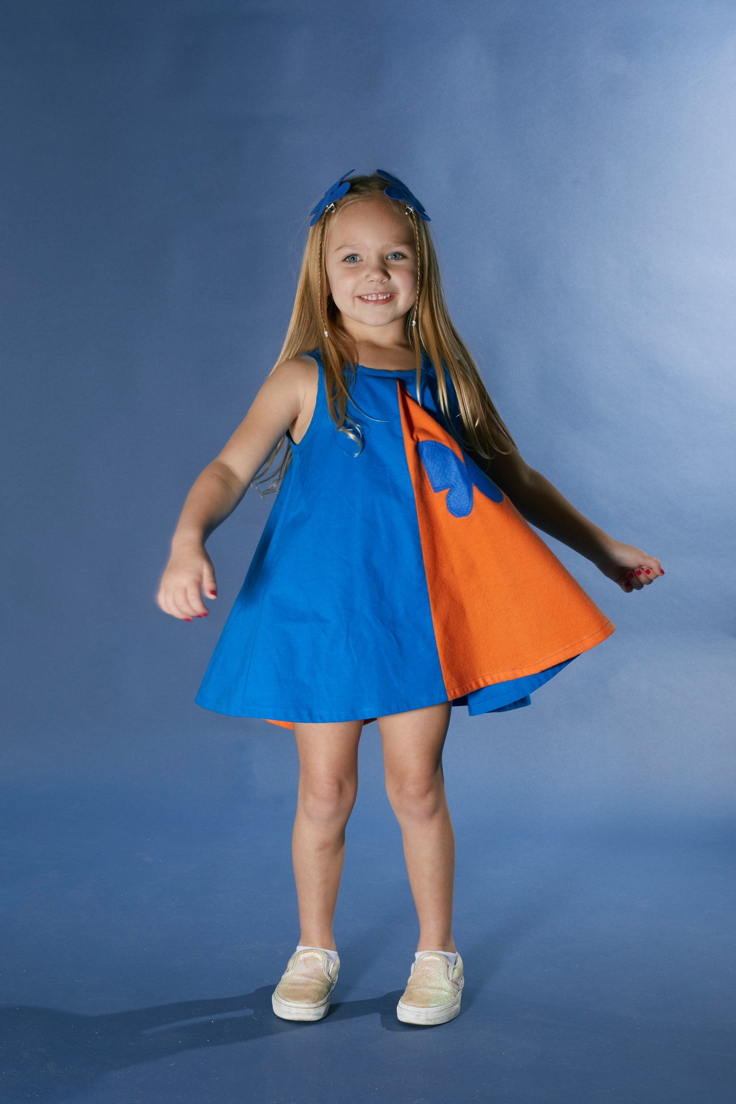blue and orange kids dress, kids dress, butterfly dress, kids butterfly dress, tent dress, pleated kids dress, blue kid dress, orange kid dress,