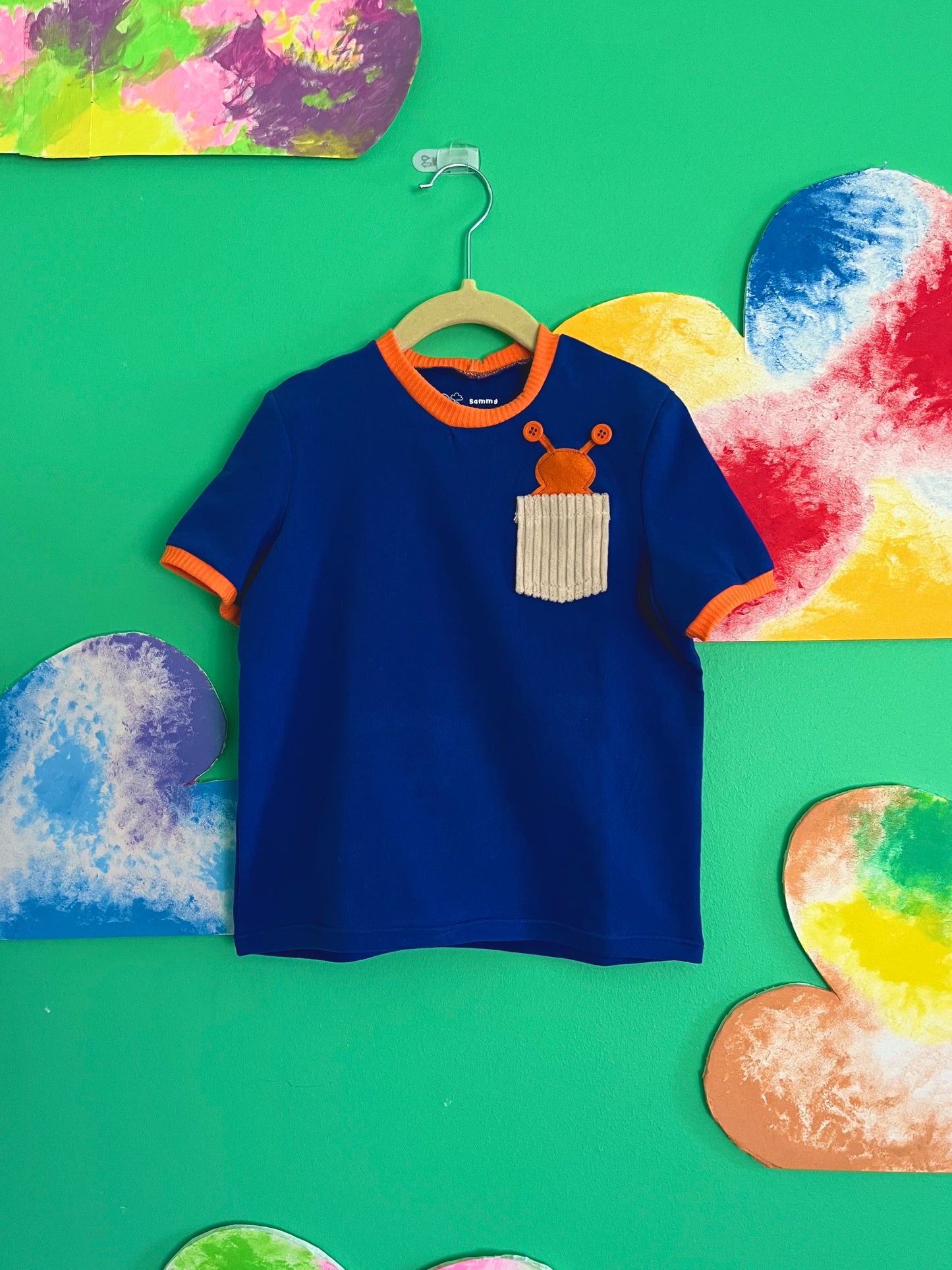 blue and orange t shirt, pocket t shirt, kids pocket t shirt, pocket with alien coming out, pocket with bug coming out, blue and orange kids t shirt, kids t shirt, kids tshirt, kids tee, cobalt blue kids shirt, children's t-shirt, kid's t-shirt, kid's pocket t-shirt