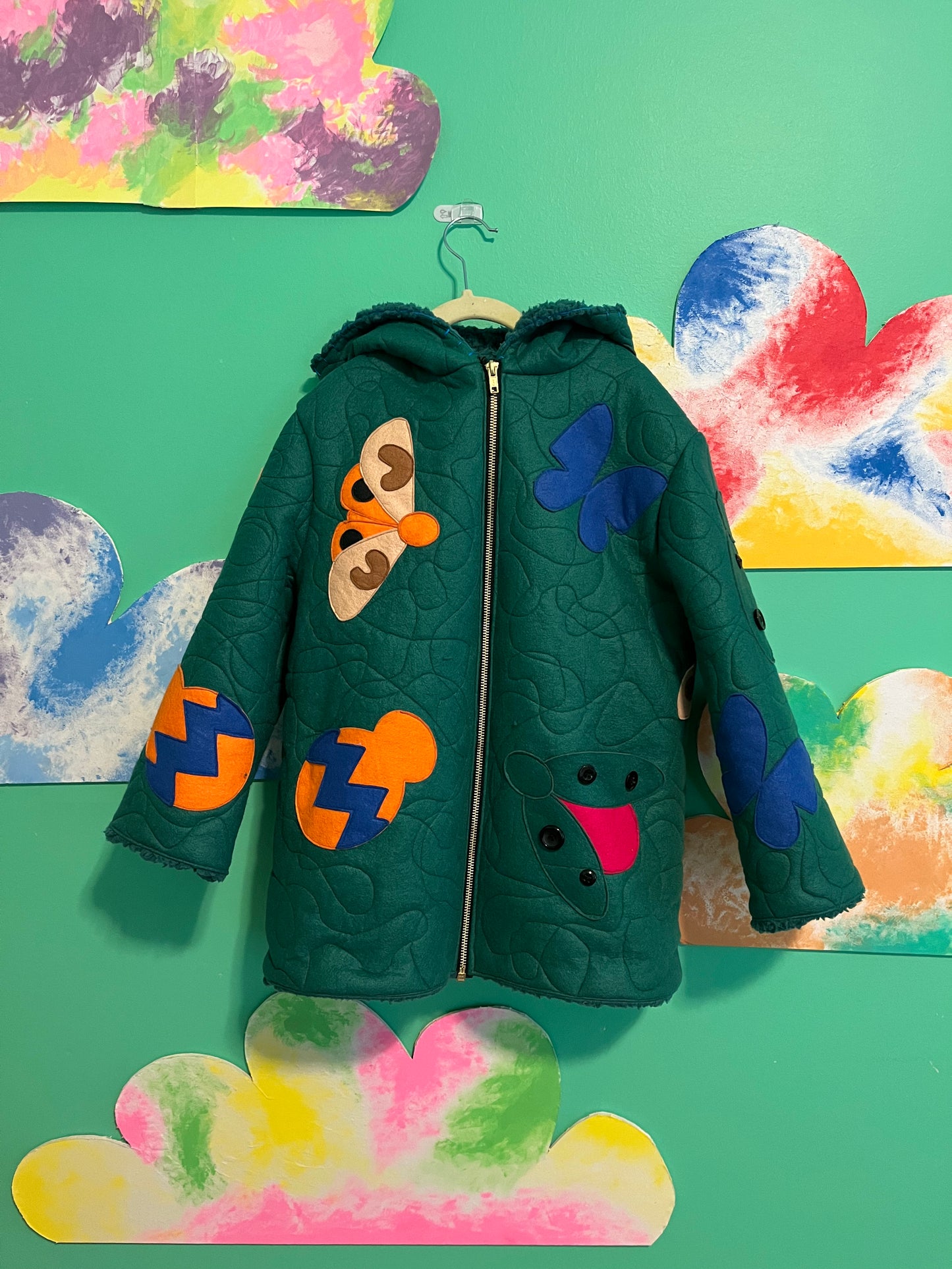 green kid's coat, sherpa kid's coat, green sherpa children's coat, kid's felt coat, kids bamboo felt coat, kids bug coat, kids winter coat, winter coat for kids, oversized kids coat, warm coat for kids