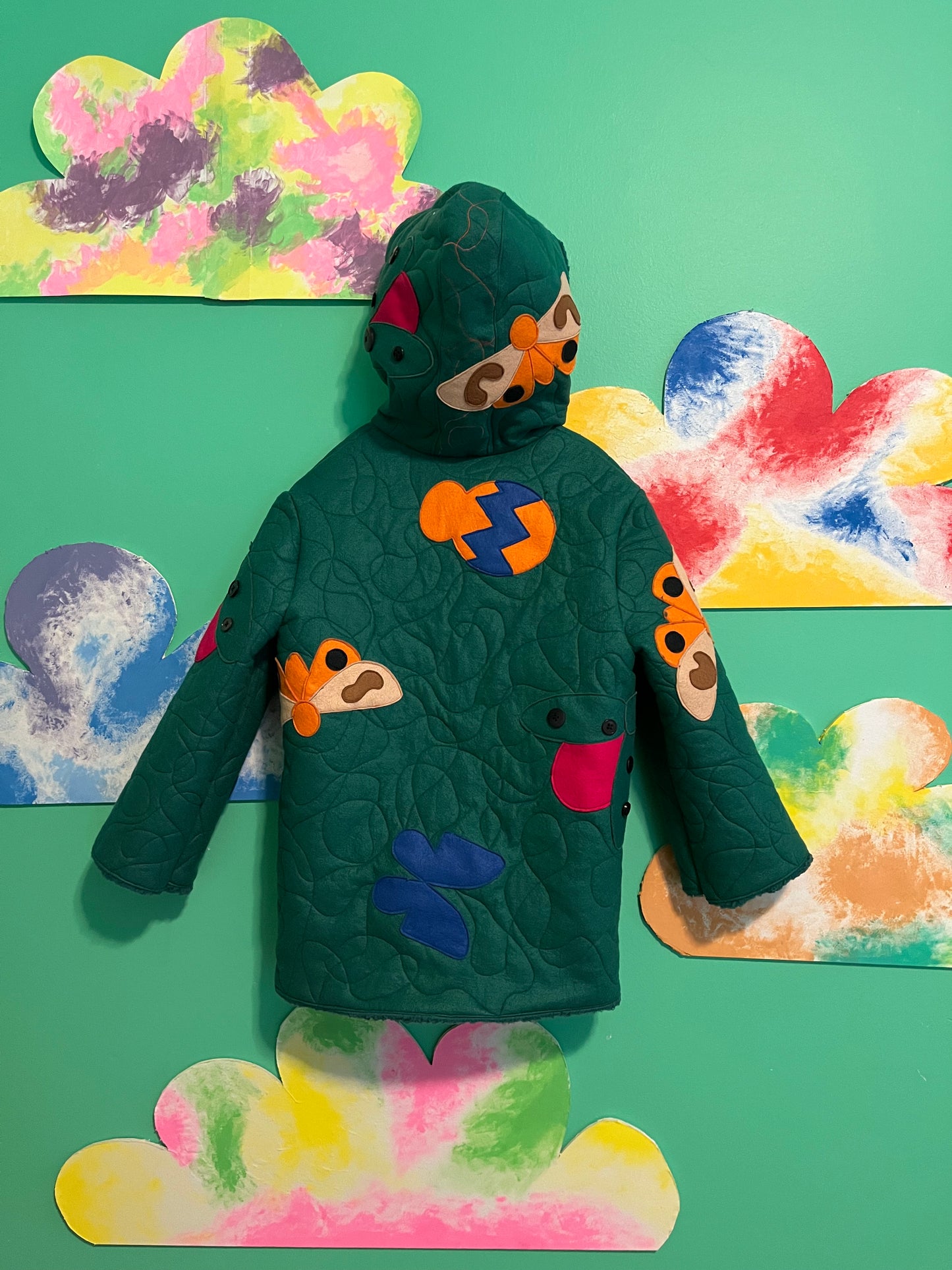 green kid's coat, sherpa kid's coat, green sherpa children's coat, kid's felt coat, kids bamboo felt coat, kids bug coat, kids winter coat, winter coat for kids, oversized kids coat, warm coat for kids