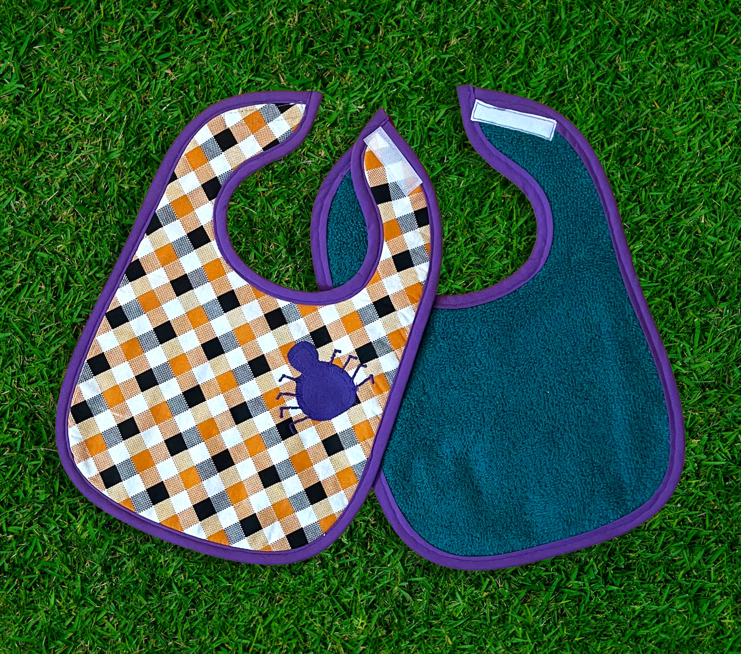 halloween gingham cotton terrycloth spider bib