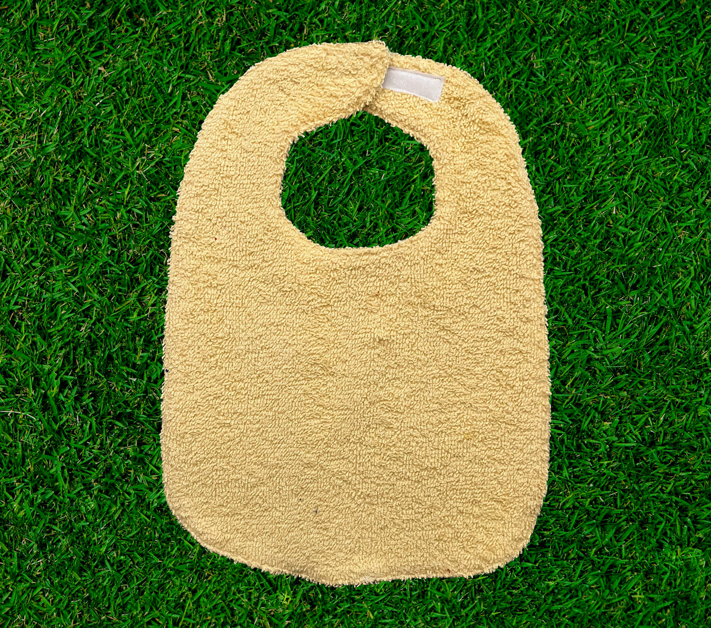 yellow terrycloth bib, baby bib, yellow terrycloth baby bib, 100% cotton terrycloth bib, 100% cotton bib, terrycloth backed baby bib, velcro baby bib, adjustable bib, adjustable baby bib, gender neutral baby bib, gender neutral bib, bumblebee bib