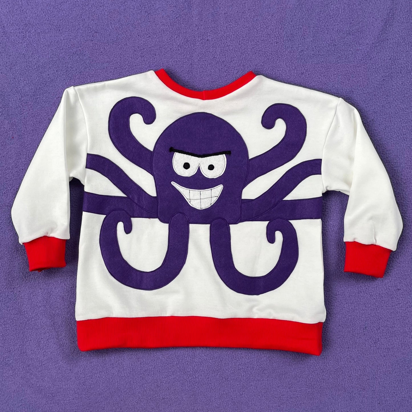 Children's sweatshirt with Al the Octopus design sewn on, on a purple background