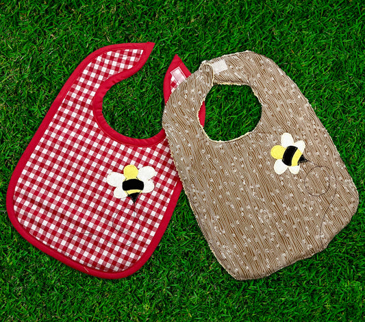 red and white gingham baby bib, woodgrain baby bib, bumblebee baby bib, brown baby bib, handmade baby bib, bee baby bib, gingham bib, picnic print baby bib, bamboo felt