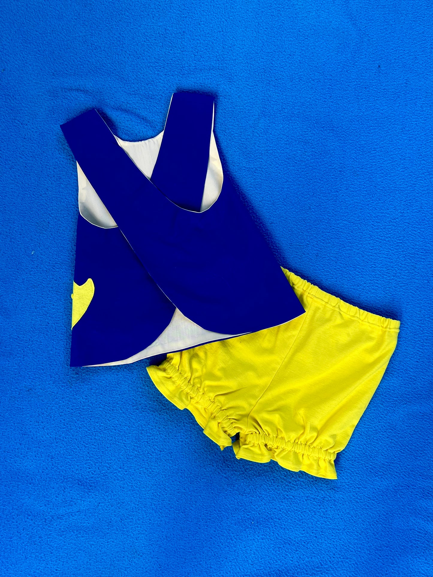 Navy blue dress with yellow duck design on a blue background