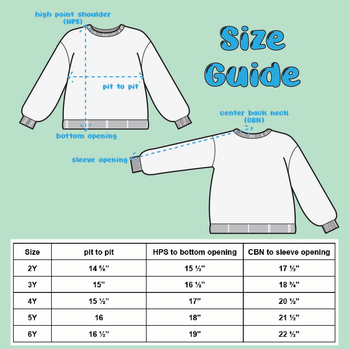 Size guide for children's sweatshirts with measurements on a green background